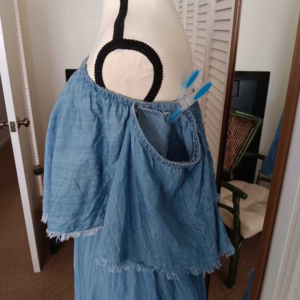 ELAN super soft jean material off shoulder 3 quarter sleeve. Size M